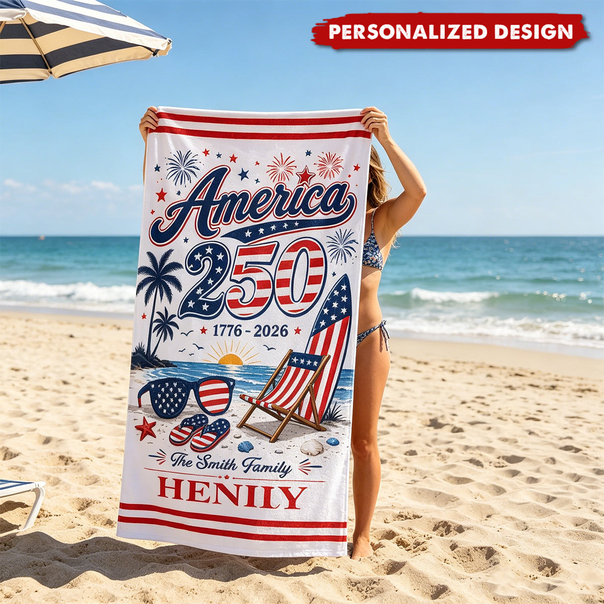 Personalized America 250th Anniversary Beach Towel - Custom Name