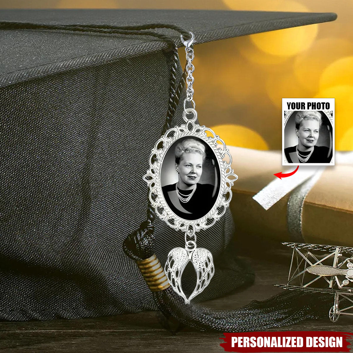 Personalized Graduation Tassel Photo Charm with Angel Wings