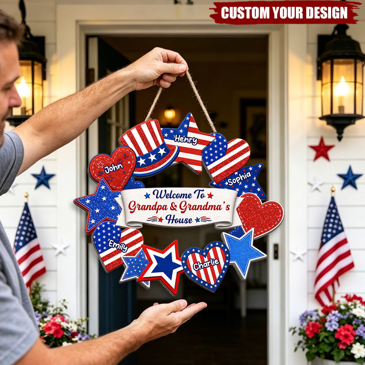 Personalized Patriotic Grandpa & Grandma House Wreath Door Hanger, Custom Grandkids Name USA Star Heart Wooden Sign
