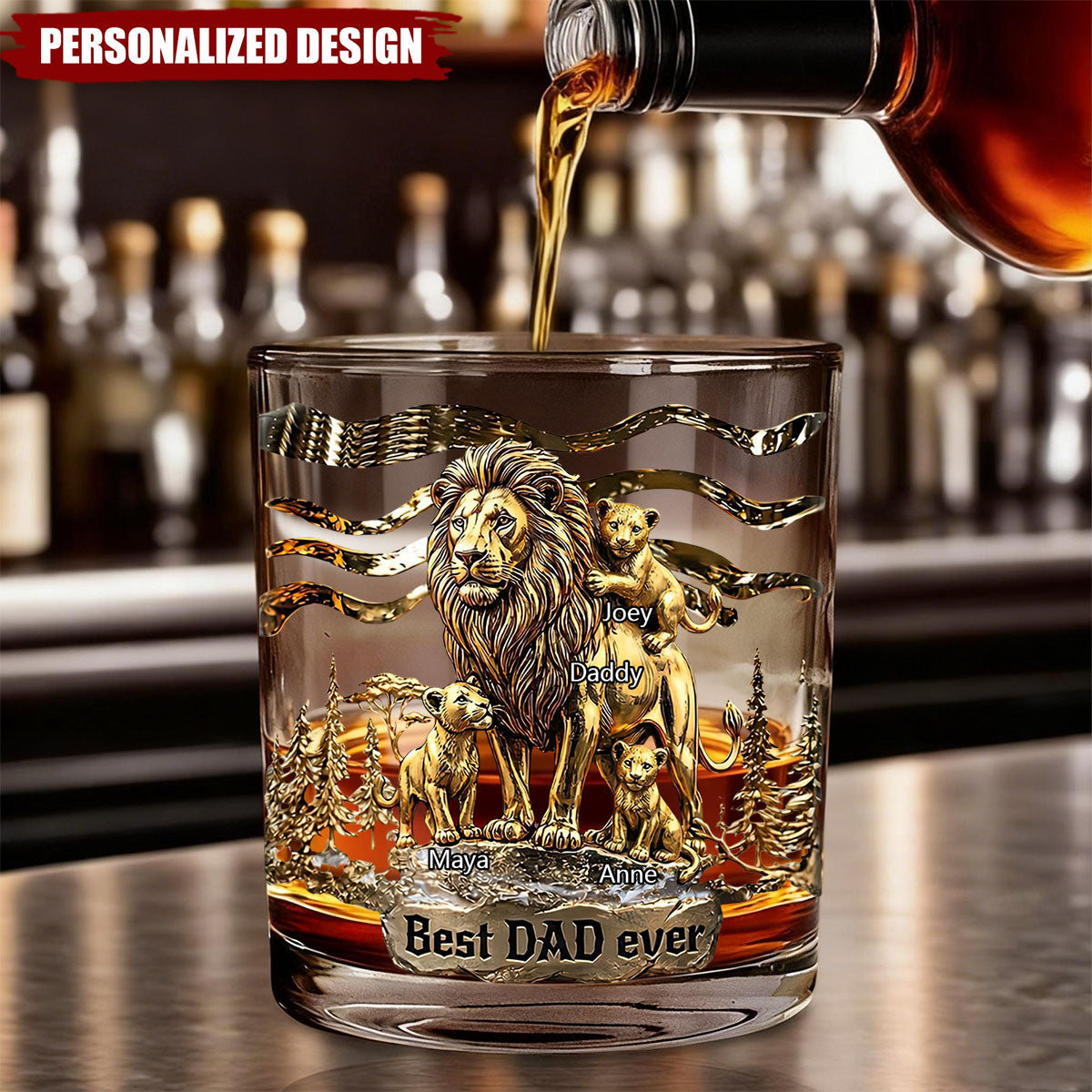 Personalized Lion Dad Whiskey Glass -Best Father‘s Day Gift