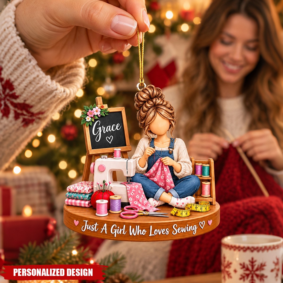 Personalized Sewing Girl Acrylic Christmas Ornament - Custom Name Gift for Sewing Lovers