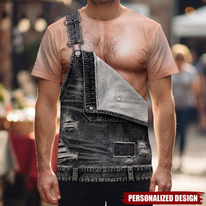 Personalized Single Strap Distressed Denim Overalls T-Shirt