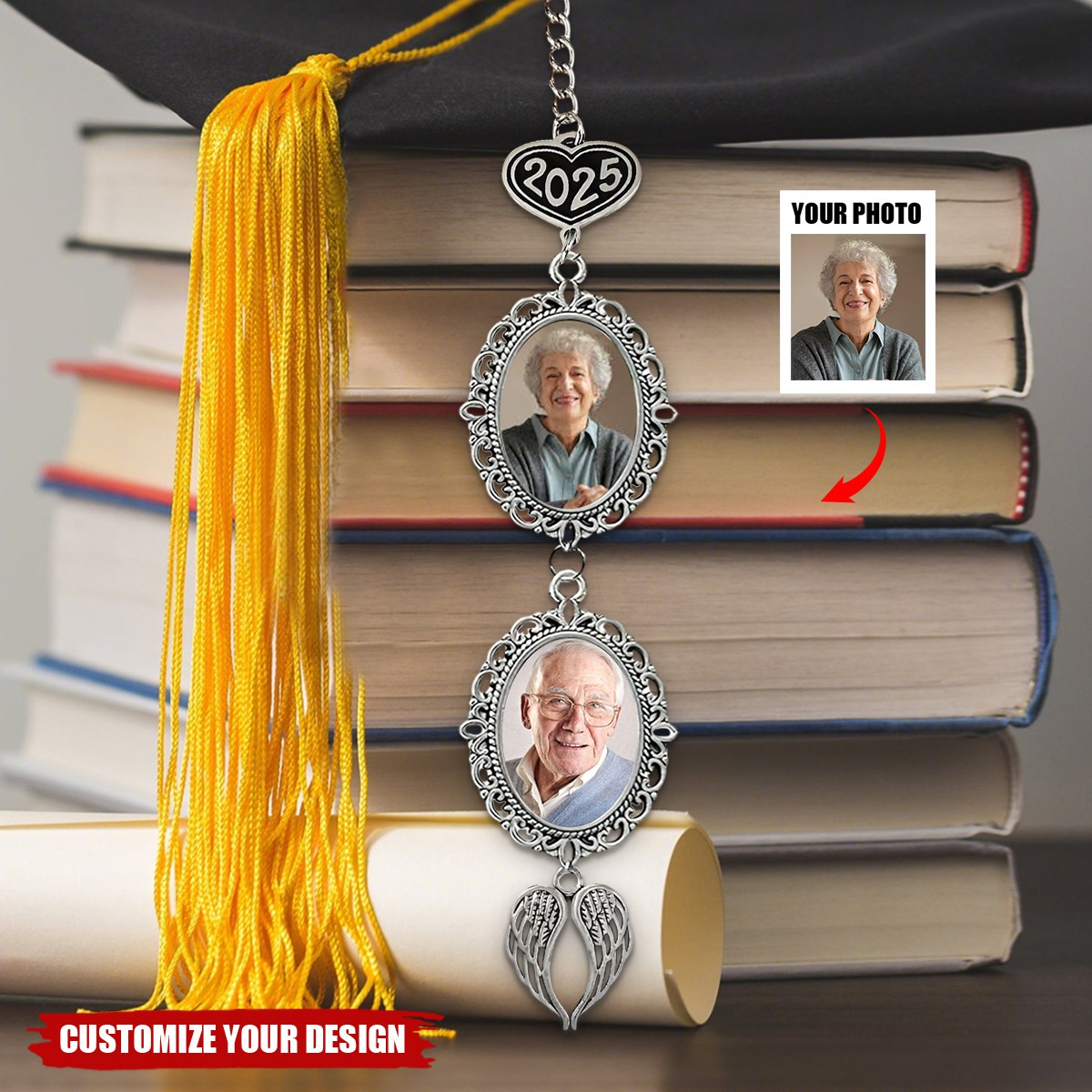 Personalized Graduation Tassel Photo Charm with Angel Wing