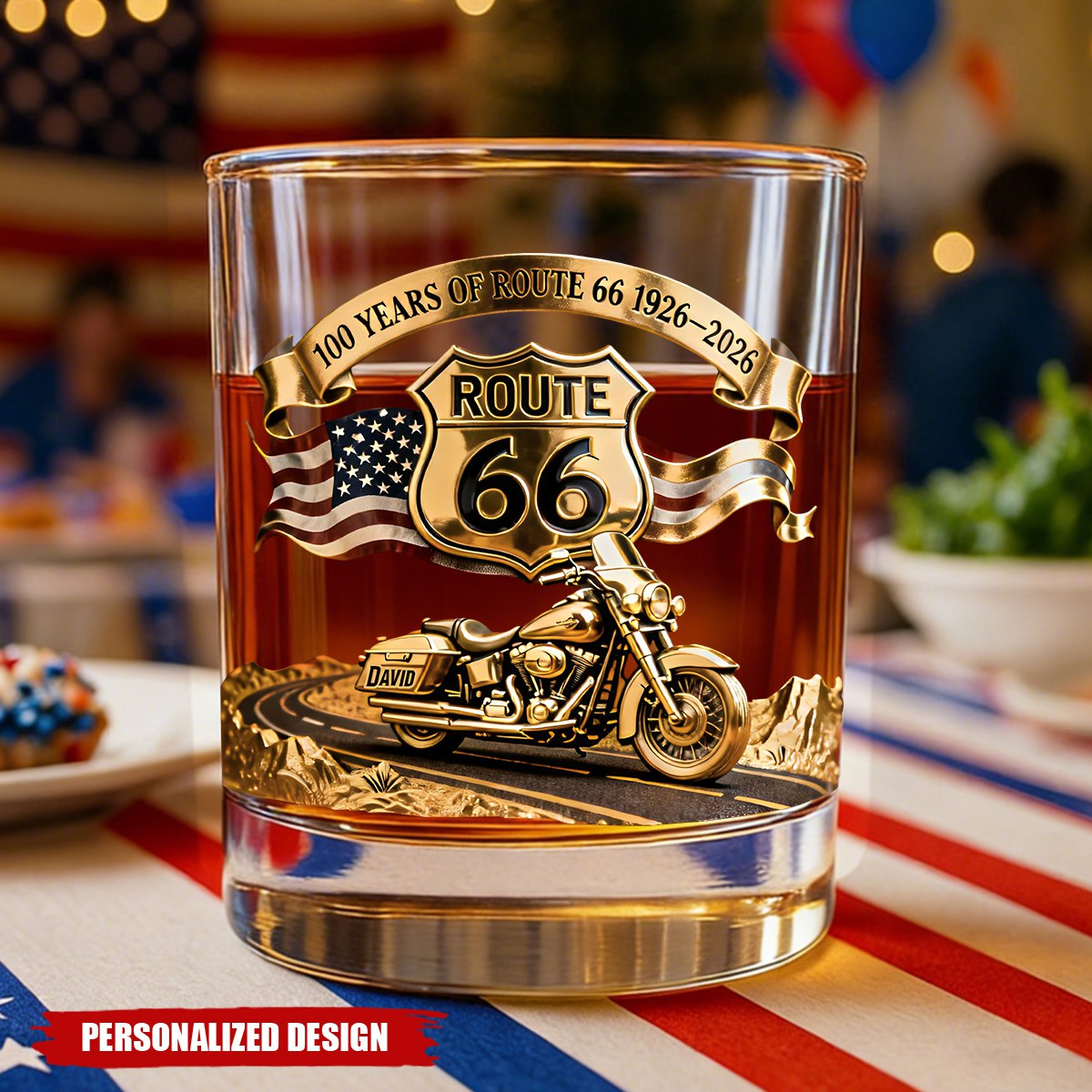Personalized Route 66 100 Years Whiskey Glass – Gift For Bikers