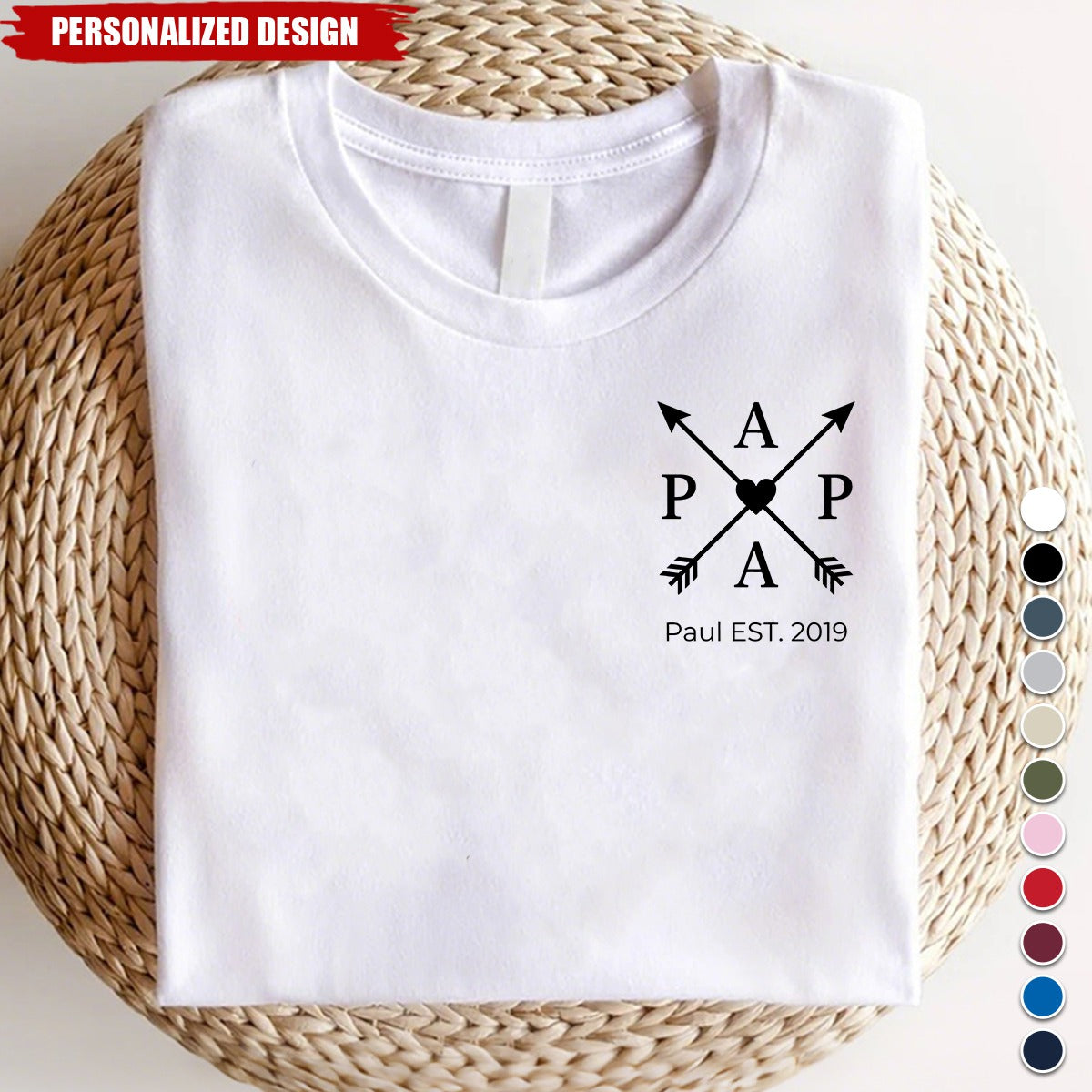 Personalized “PAPA” Arrow Heart Print T‑Shirt - Custom Dad Established Year Gift