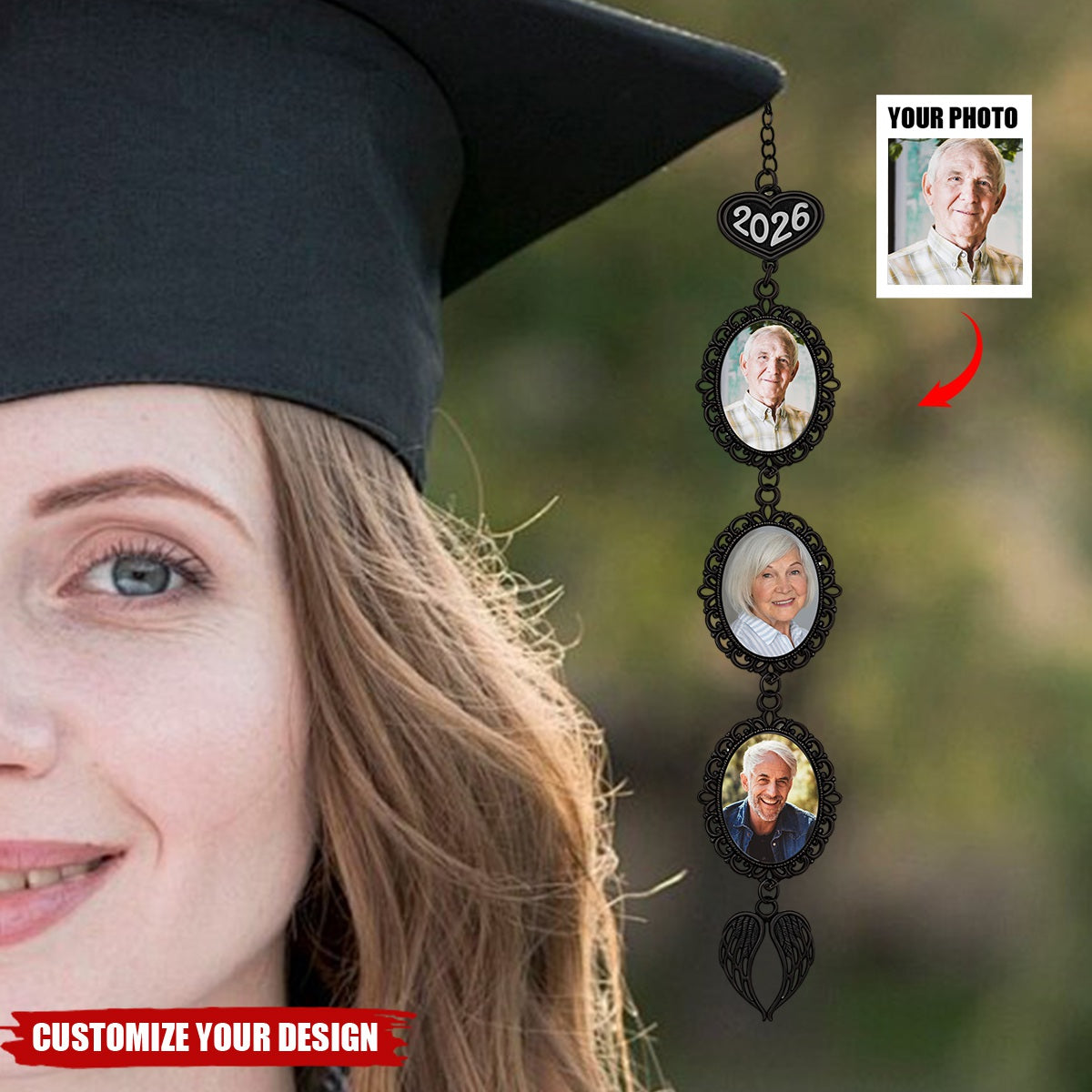 Personalized Graduation Tassel Photo Charm with Angel Wing