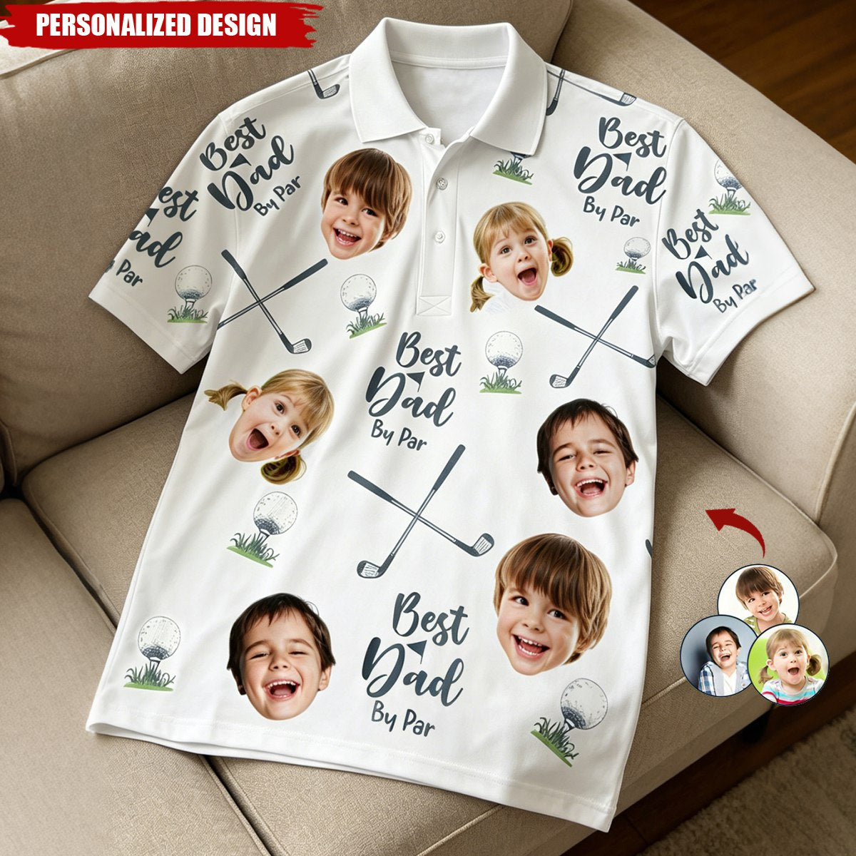 Personalized Kids Faces All‑Over Print Golf Shirt - Father’s Day Gift for Golf‑Loving Dad