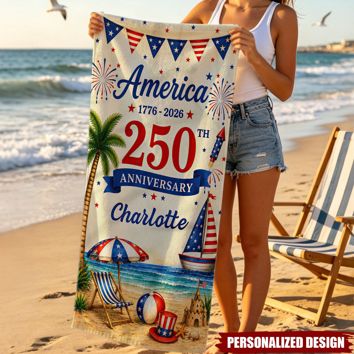 Personalized Patriotic 1776-2026 USA Summer Beach Towel - Custom Name