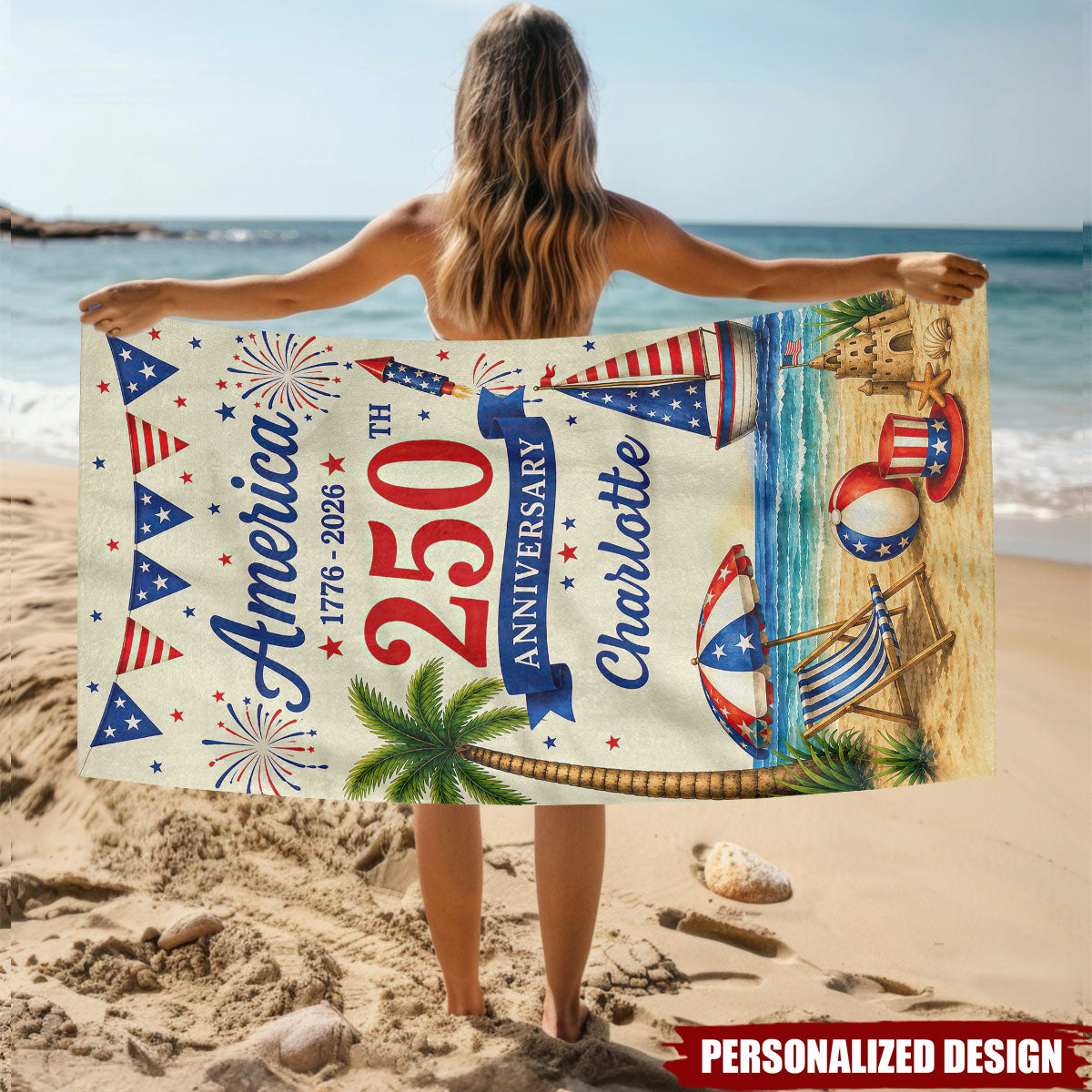 Personalized Patriotic 1776-2026 USA Summer Beach Towel - Custom Name
