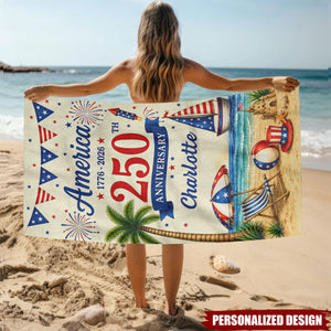 Personalized Patriotic 1776-2026 USA Summer Beach Towel - Custom Name