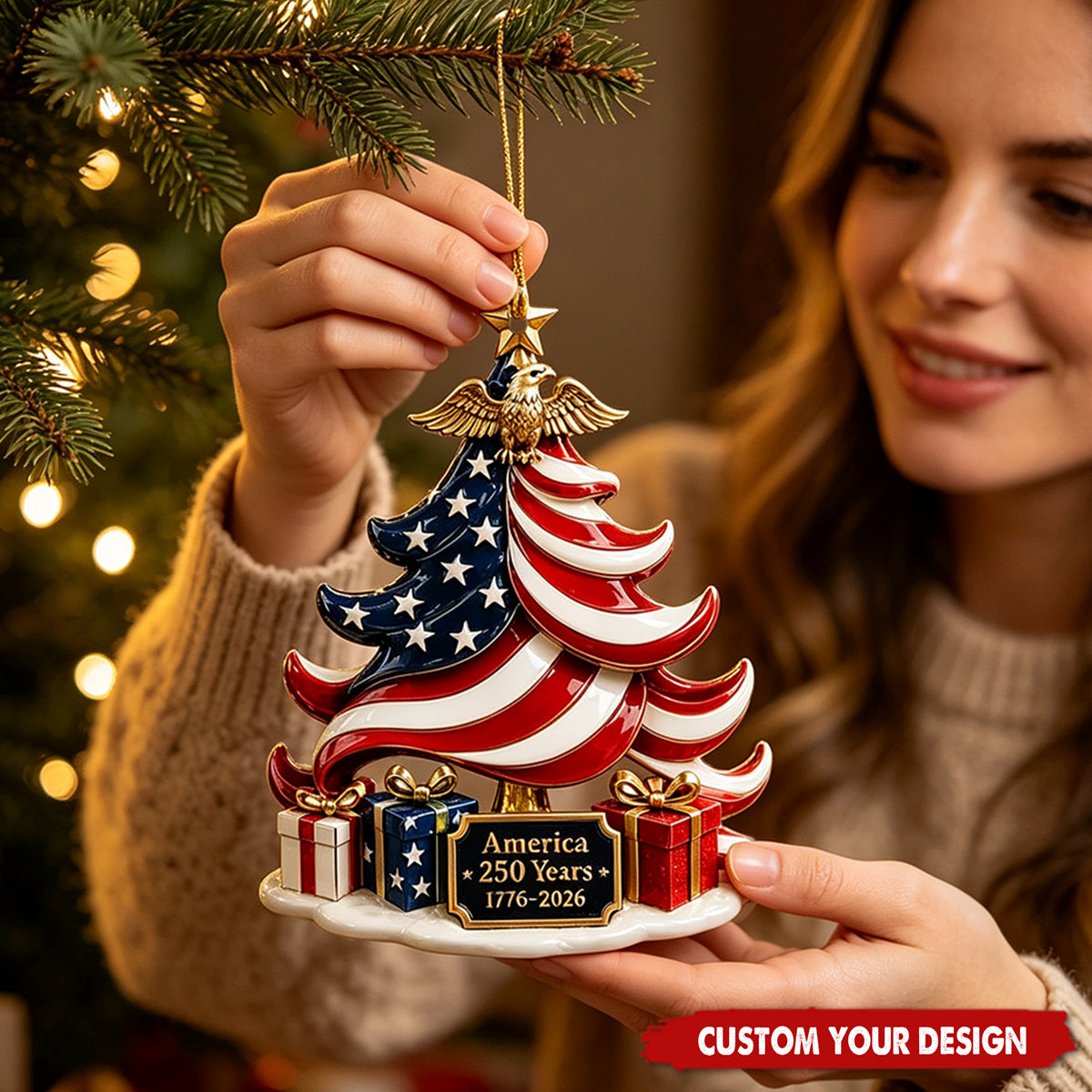 Custom Text US Flag Christmas Tree Ornament, America 250th Anniversary Acrylic Hanging Decor