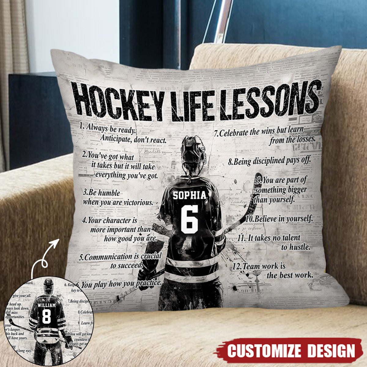 Personalized Hockey Life Lessons Pillow-Gift For Hockey Football Lovers