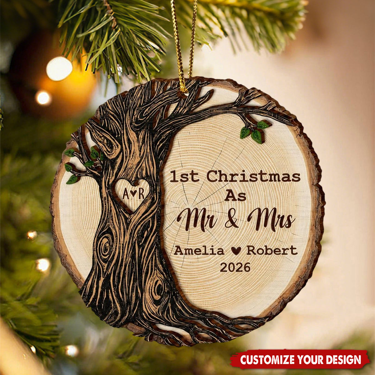 Personalized Wooden Tree Slice Ornament 1st Christmas As Mr & Mrs Custom Couple Names Year Xmas Decor