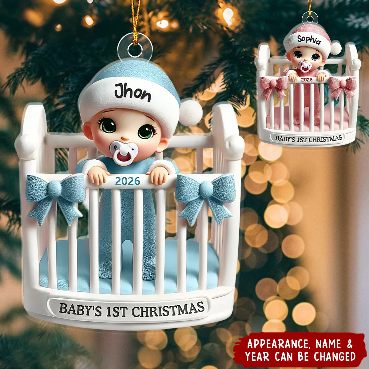 Baby Inside Crib 3D Effect Baby's First Christmas Personalized Acrylic Ornament