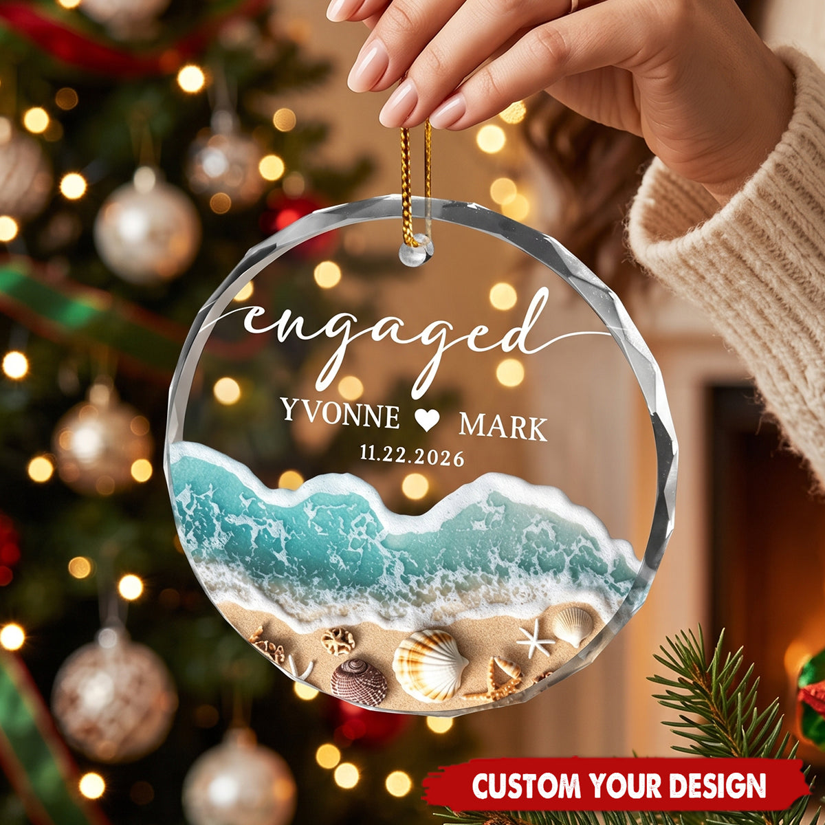 Personalized Beach Engaged Glass Ornament Custom Couple Names Date Coastal Christmas Decor