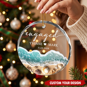 Personalized Beach Engaged Glass Ornament Custom Couple Names Date Coastal Christmas Decor