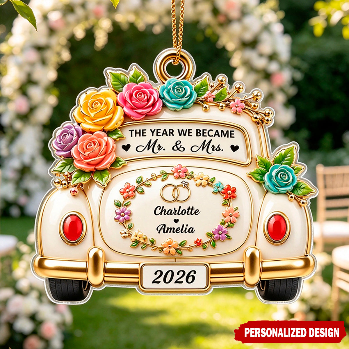 Personalized Multicolor Rose Vintage Wedding Car Flat Acrylic Ornament