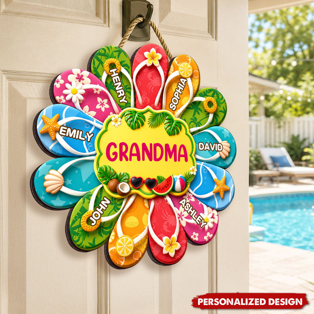 Personalized Grandma Summer Flip Flop Door Hanger - Custom Grandkids Name Tropical Wall Sign