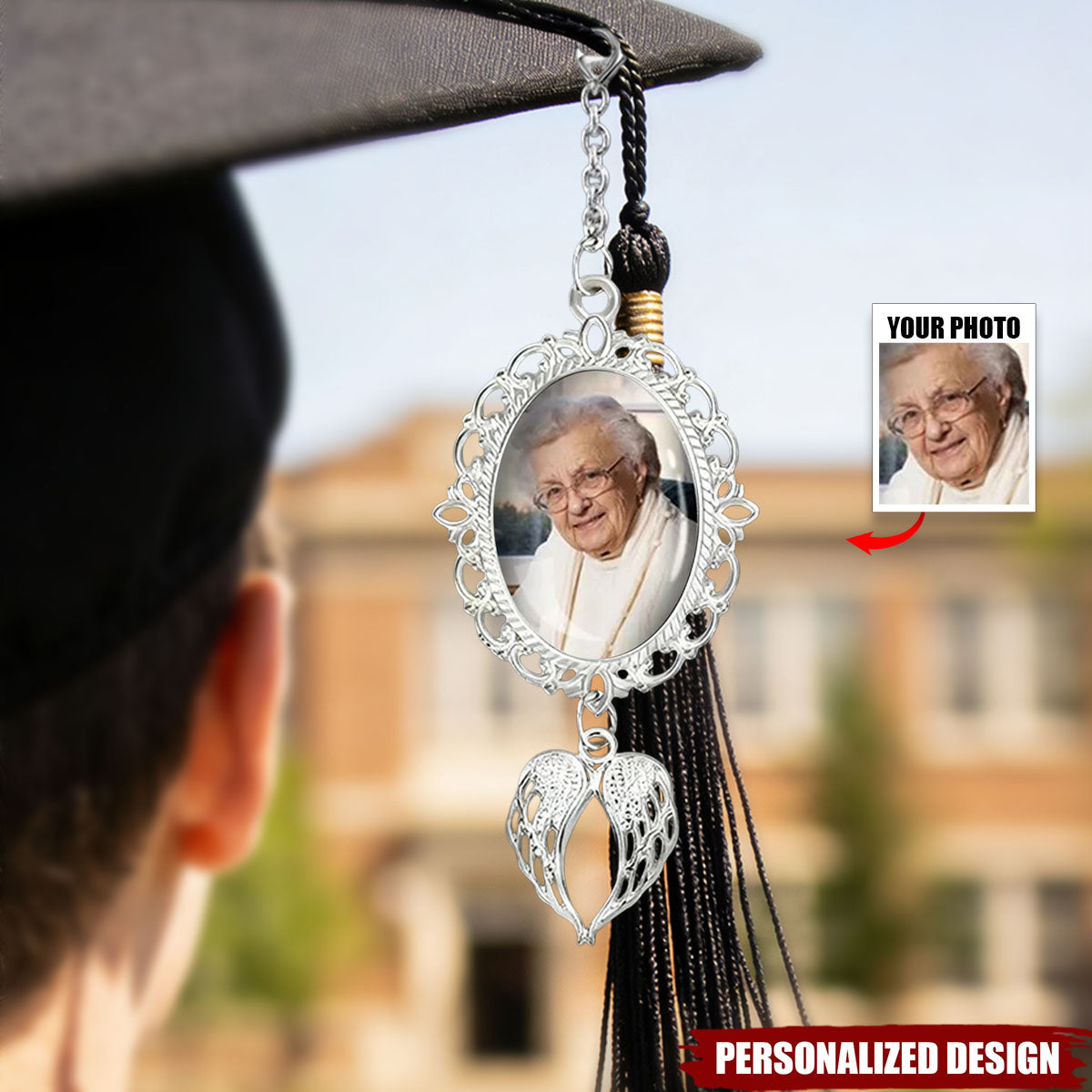 Personalized Graduation Tassel Photo Charm with Angel Wings