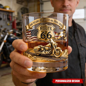 Personalized Route 66 100 Years Whiskey Glass – Gift For Bikers