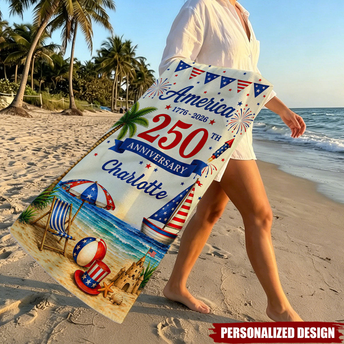 Personalized Patriotic 1776-2026 USA Summer Beach Towel - Custom Name