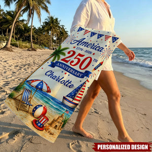 Personalized Patriotic 1776-2026 USA Summer Beach Towel - Custom Name