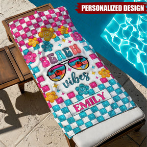 Personalized Beach Vibes Checkerboard Smiley Flower Custom Name Beach Towel
