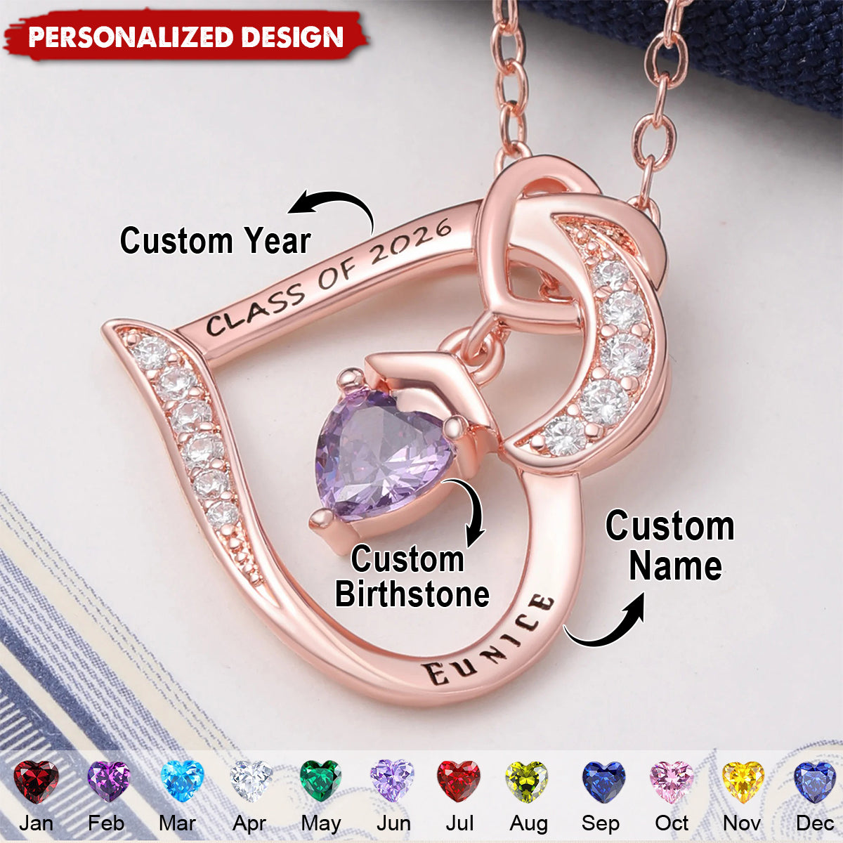 Personalized Graduation Heart Necklace – Custom Name Birthstone Gift for Graduate