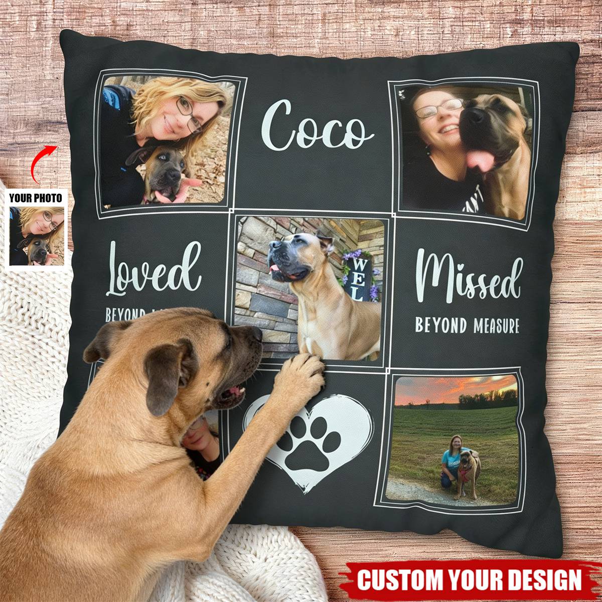 Custom Pet Memorial Photo Pillow – Personalized Dog/Cat Name & Photo Collage Pillow