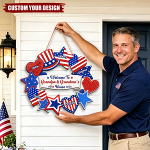 Personalized Patriotic Grandpa & Grandma House Wreath Door Hanger, Custom Grandkids Name USA Star Heart Wooden Sign