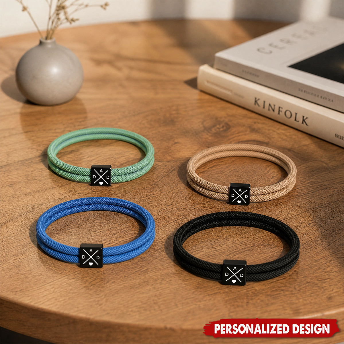 Personalized Double Wrap Braided  Rope Bracelet - Custom Black Cube Charm