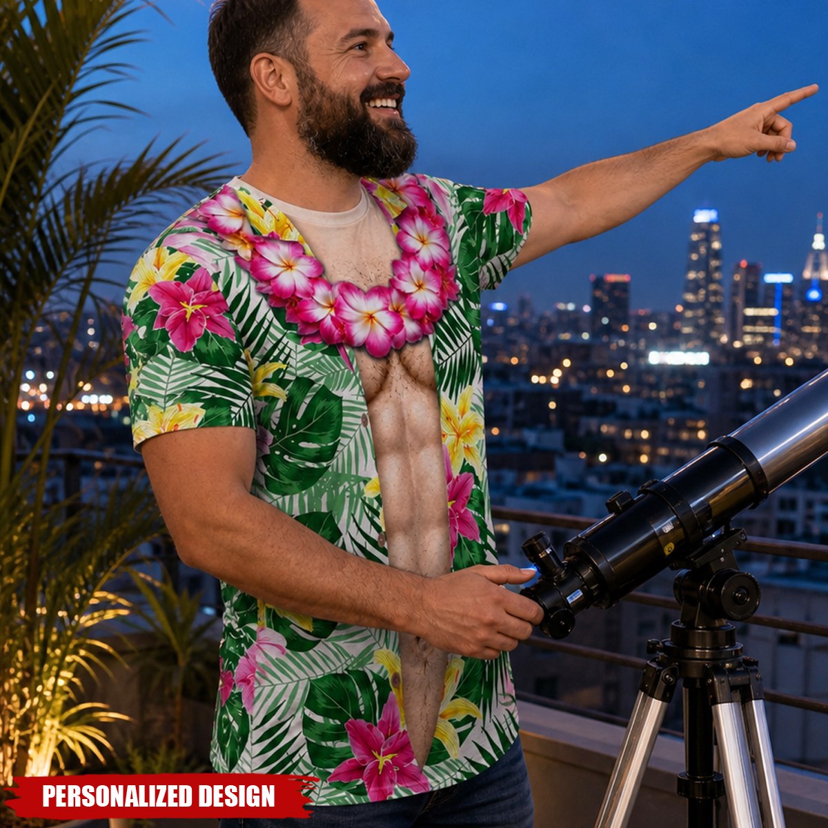 Personalized Optical Illusion Open Hawaiian Floral Shirt & Muscular Abs Men’s T-Shirt