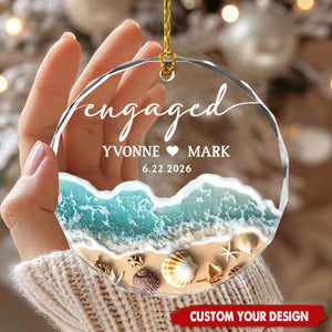Personalized Beach Engaged Glass Ornament Custom Couple Names Date Coastal Christmas Decor