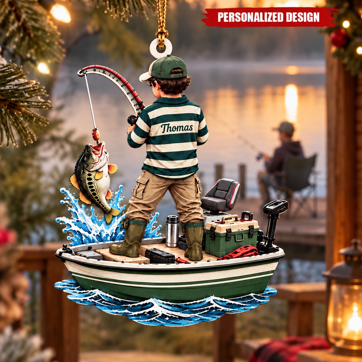 Personalized Boy Fishing On Boat Acrylic Christmas Ornament - Custom Name Fisherman Gift
