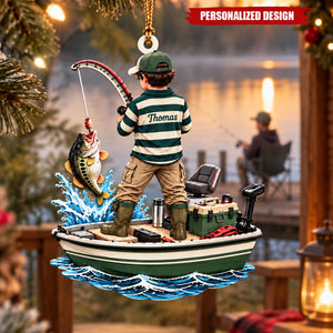Personalized Boy Fishing On Boat Acrylic Christmas Ornament - Custom Name Fisherman Gift