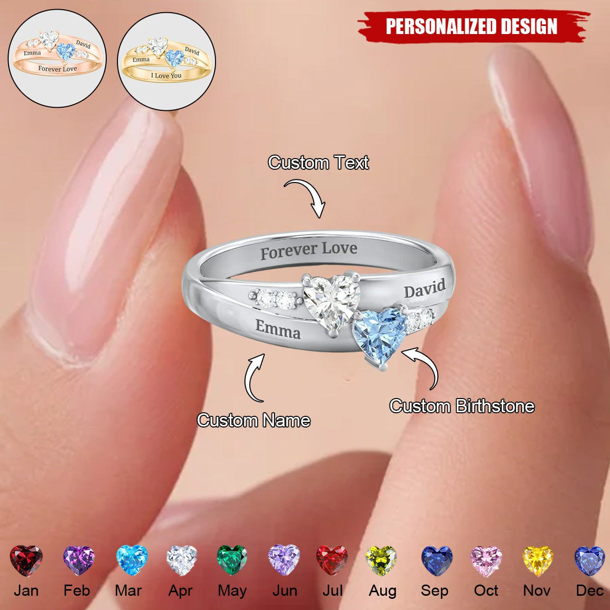 Personalized Double Heart Birthstone Ring — Perfect Valentine’s Day Gift for Her
