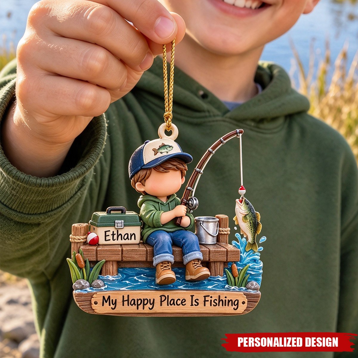 Personalized Fishing Boy Acrylic Christmas Ornament - Custom Name Fisherman Gift