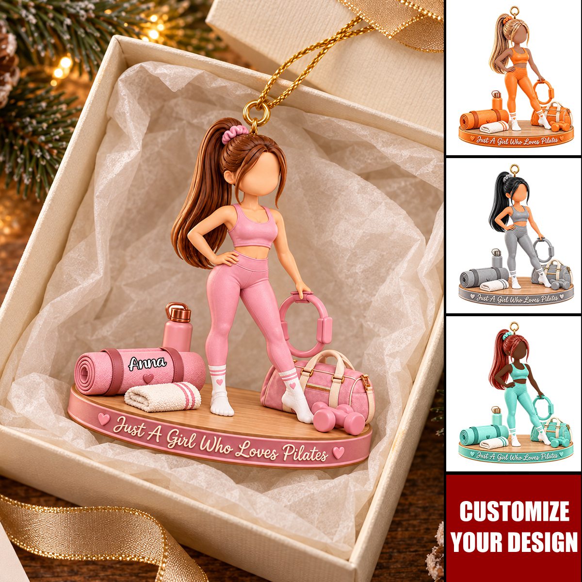 Personalized Pilates Lover Girl Acrylic Christmas Ornament - Custom Name Pilates Enthusiast Keepsake