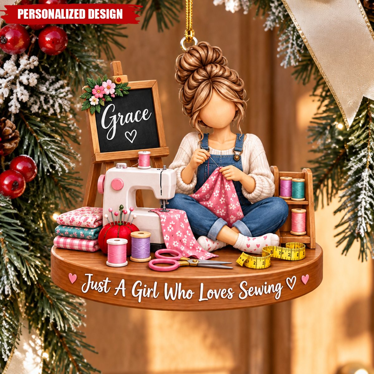 Personalized Sewing Girl Acrylic Christmas Ornament - Custom Name Gift for Sewing Lovers