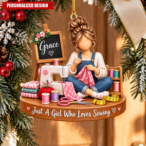 Personalized Sewing Girl Acrylic Christmas Ornament - Custom Name Gift for Sewing Lovers