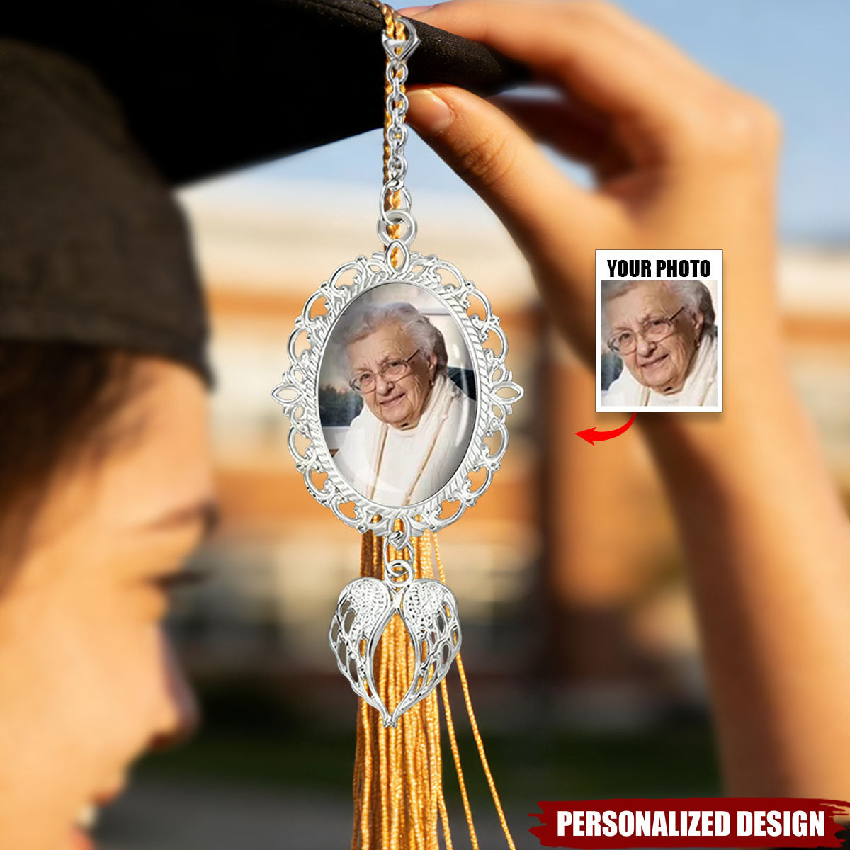 Personalized Graduation Tassel Photo Charm with Angel Wings
