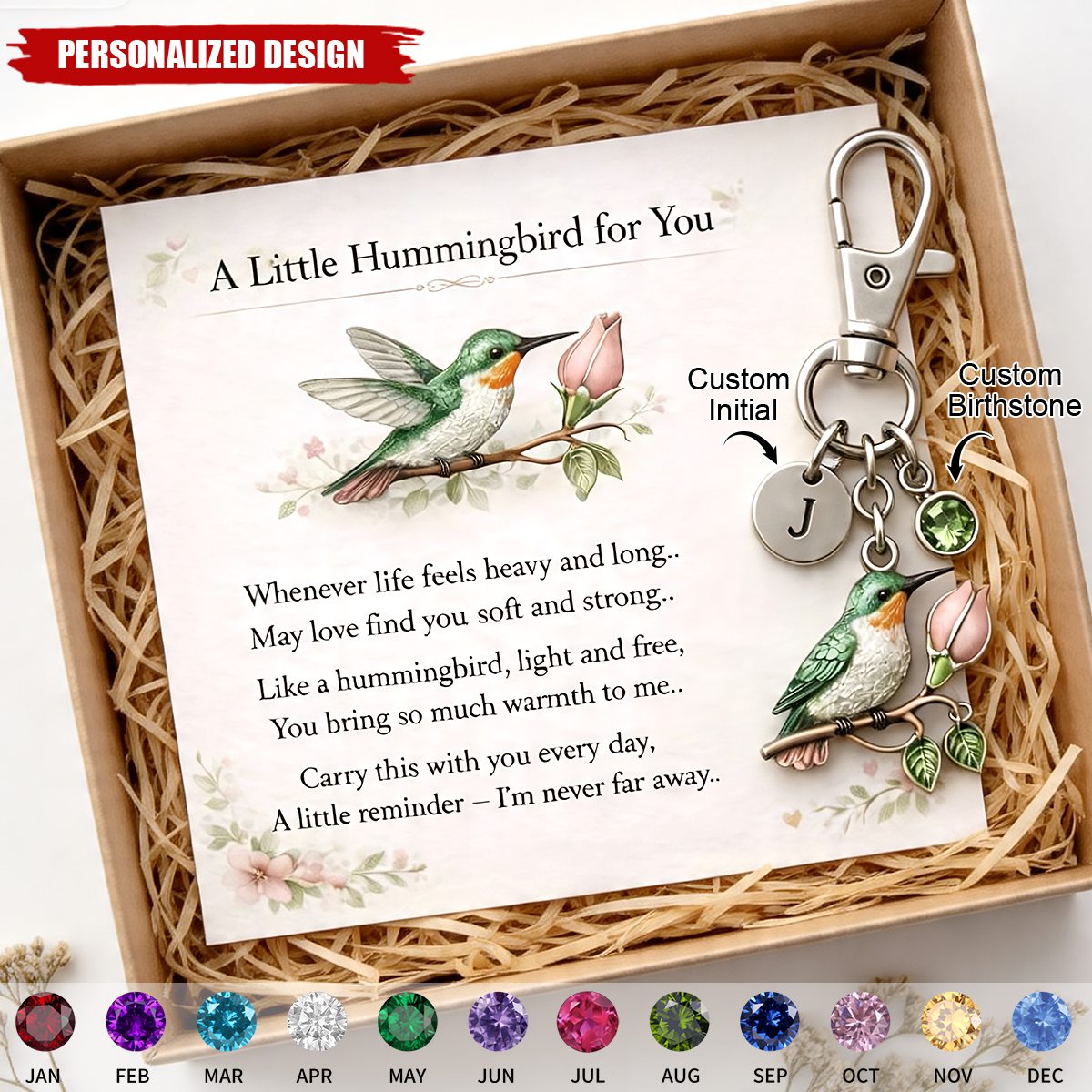 A Little Hummingbird for You keychain - Custom Initial & Birthstone Memorial Gift