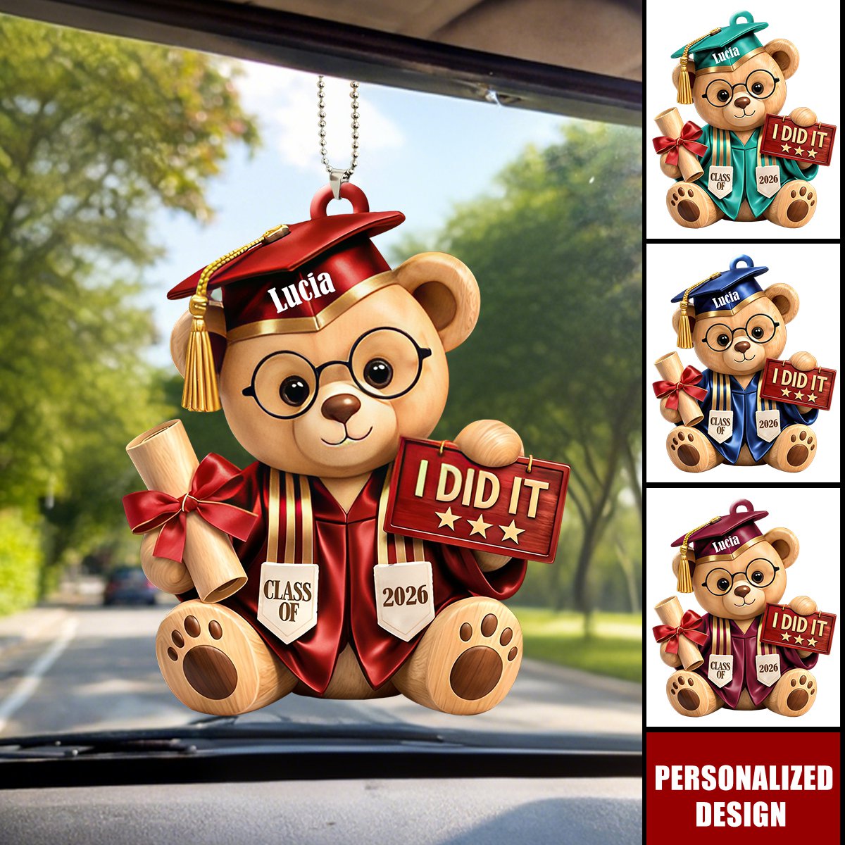 Personalized Graduation Bear Car Hanging Ornament – Custom Name "I Did It" Graduation Gift