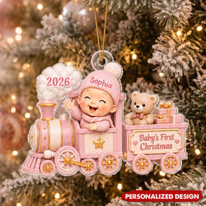 Personalized Baby’s First Christmas Train Acrylic Ornament - Custom Baby Name & Year