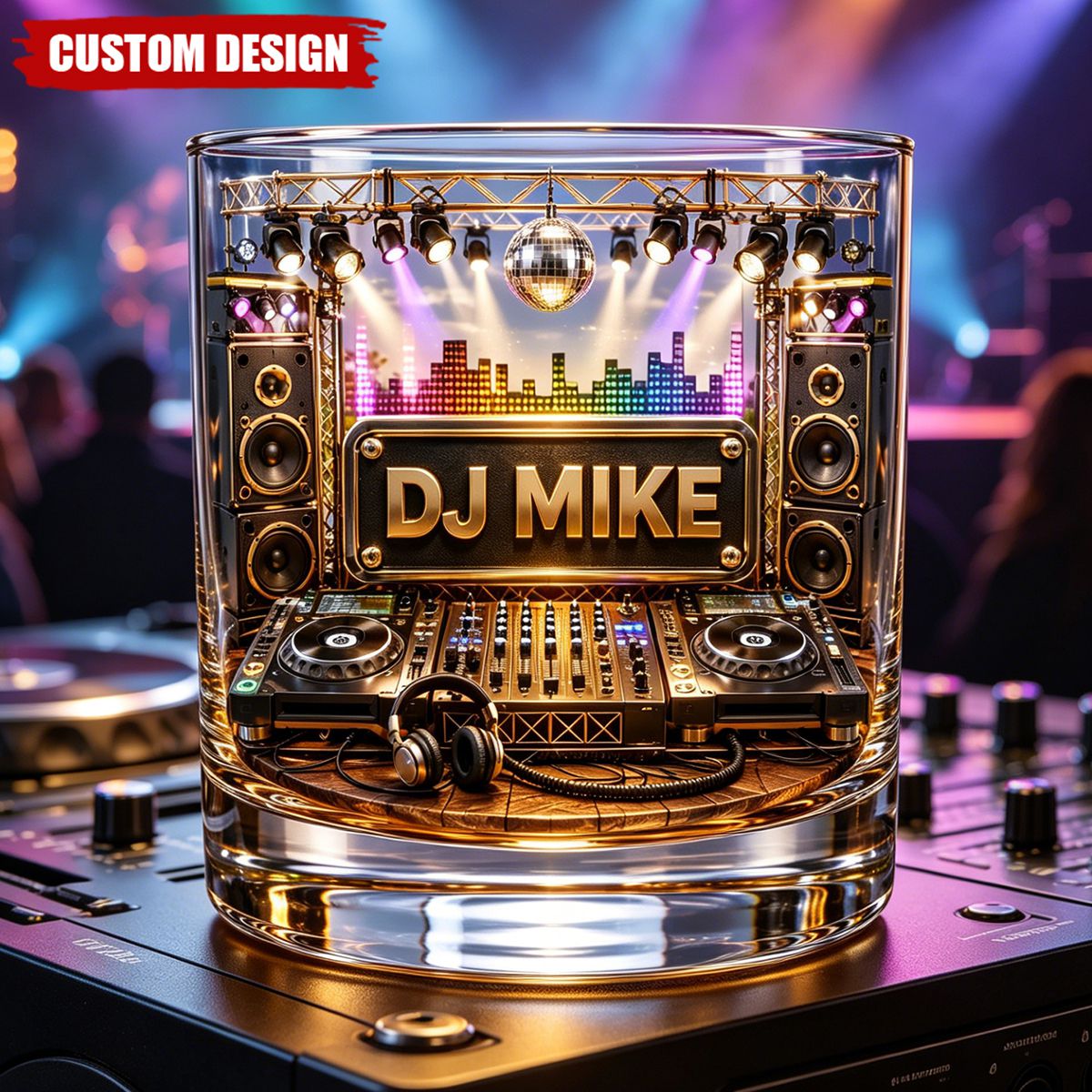 Custom DJ Name Stage Turntable Whiskey Glass - Personalized DJ Rocks Glass Gift