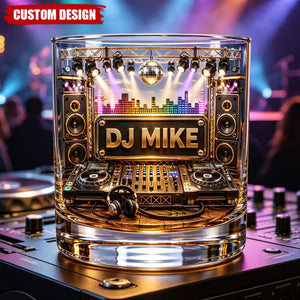 Custom DJ Name Stage Turntable Whiskey Glass - Personalized DJ Rocks Glass Gift
