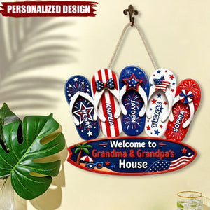 Personalized Patriotic Flip Flop USA Flag Welcome Door Sign