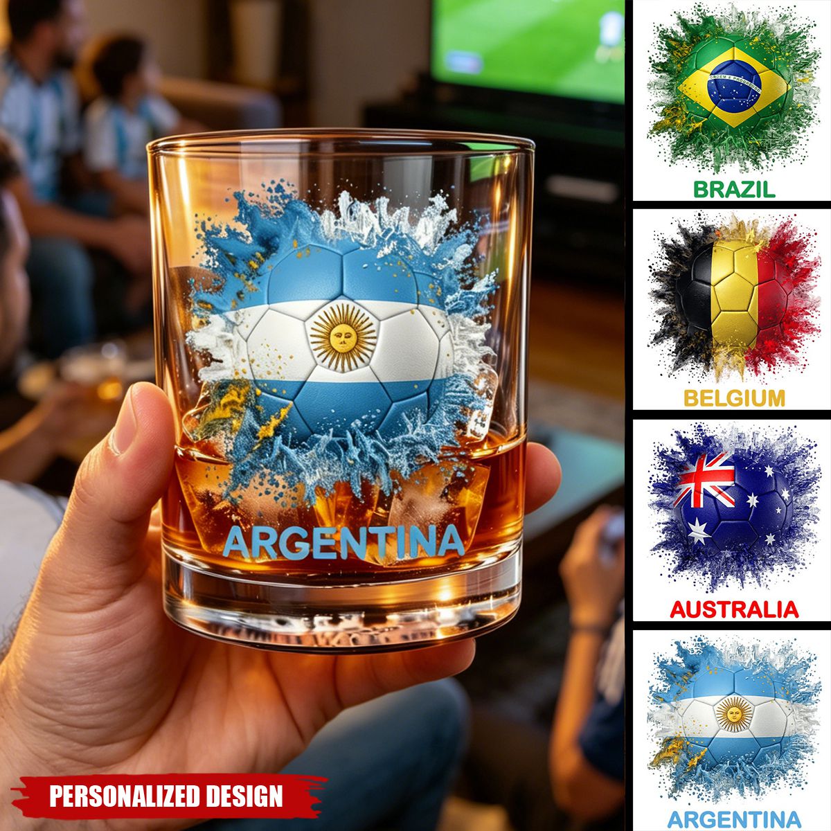 Personalized Country Flag Soccer Whiskey Glass - Custom Name