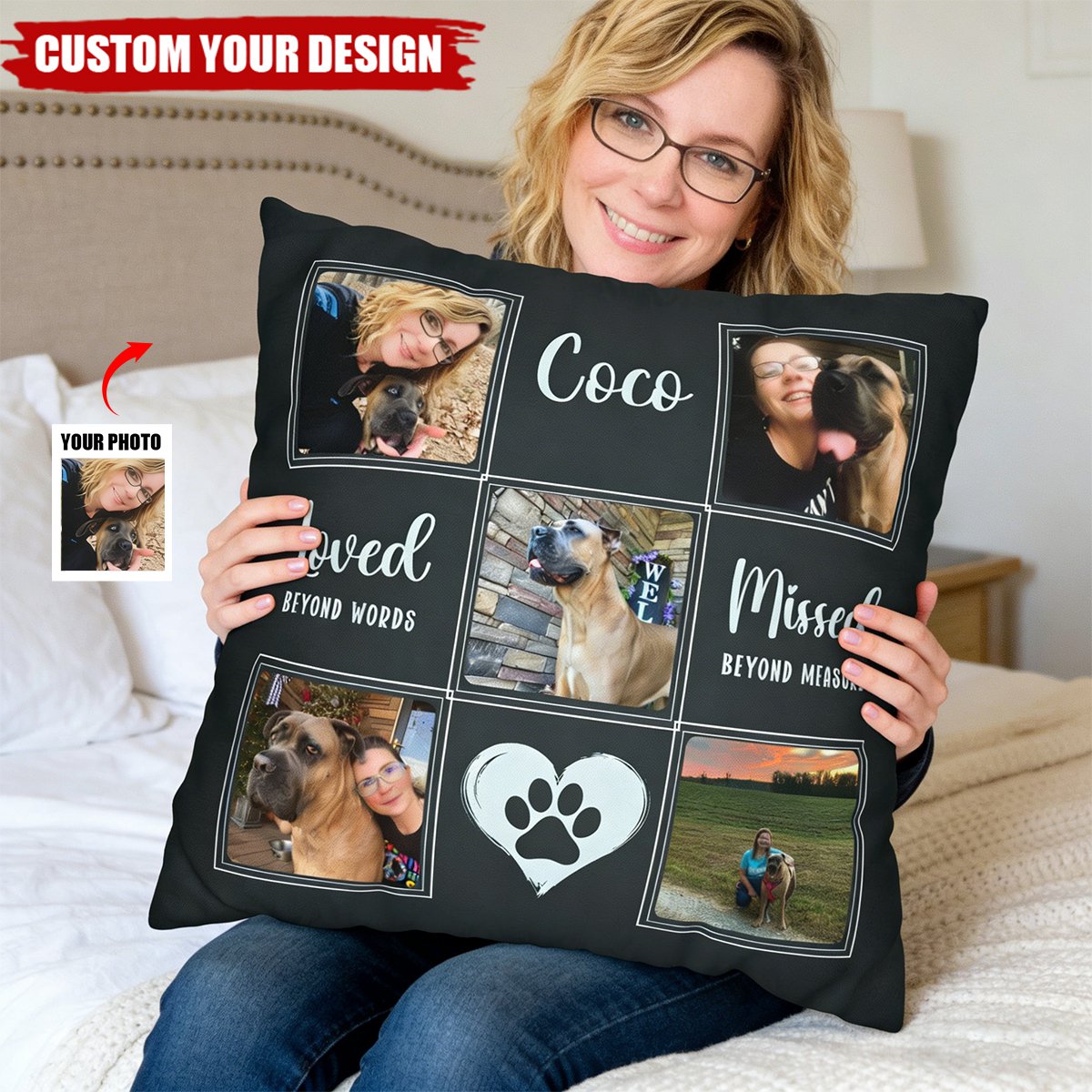 Custom Pet Memorial Photo Pillow – Personalized Dog/Cat Name & Photo Collage Pillow