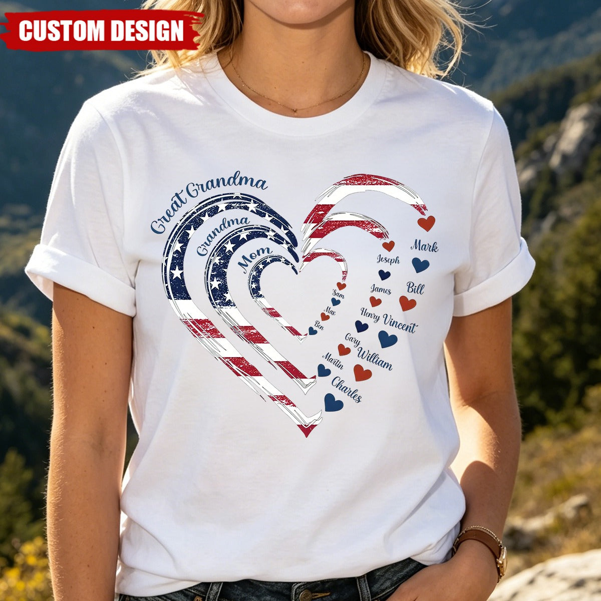 4th of July Grandma Mom Kids Heart In Heart - Personalized Shirt